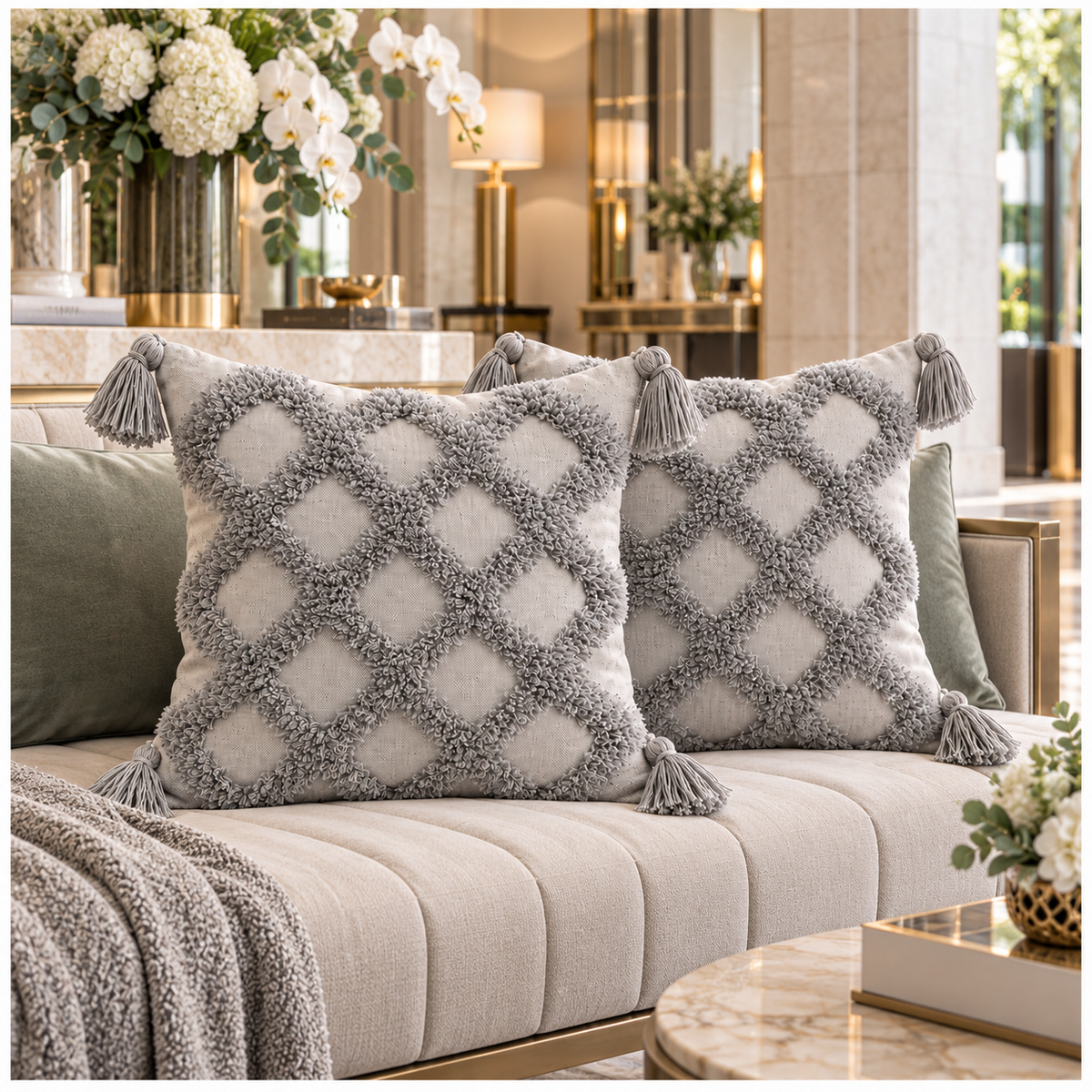 Beautiful Grey Geometric Tassel Cushion Covers – Set of 2 | 45 x 45 cm