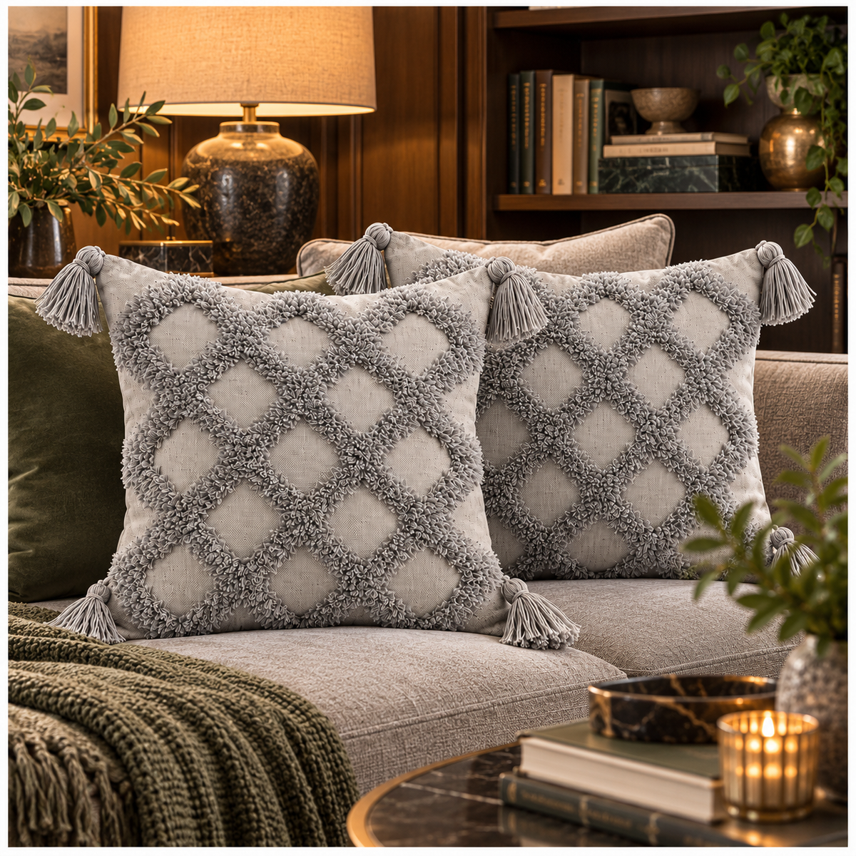 Beautiful Grey Geometric Tassel Cushion Covers – Set of 2 | 45 x 45 cm