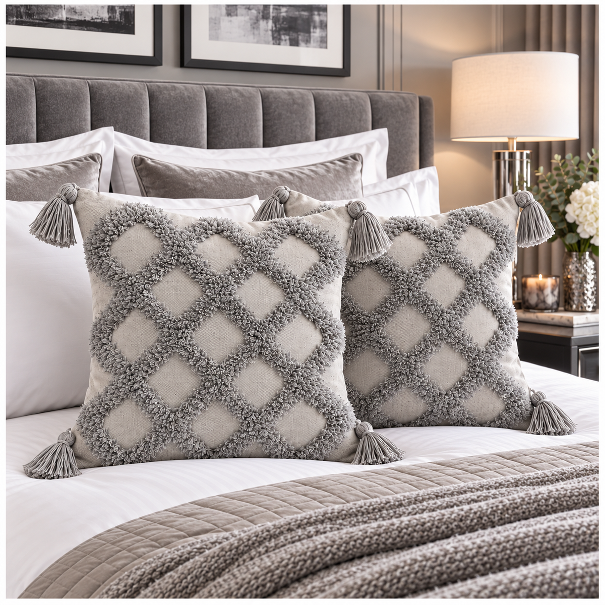 Beautiful Grey Geometric Tassel Cushion Covers – Set of 2 | 45 x 45 cm