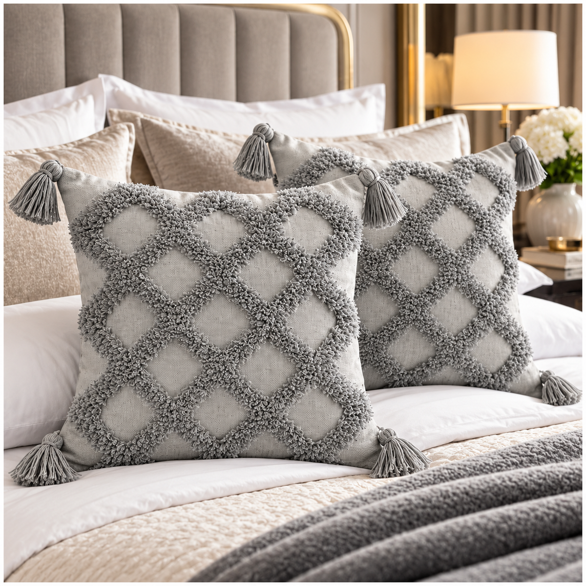 Beautiful Grey Geometric Tassel Cushion Covers – Set of 2 | 45 x 45 cm