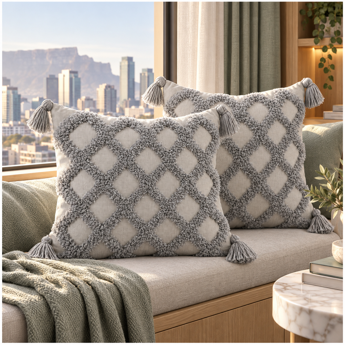 Beautiful Grey Geometric Tassel Cushion Covers – Set of 2 | 45 x 45 cm