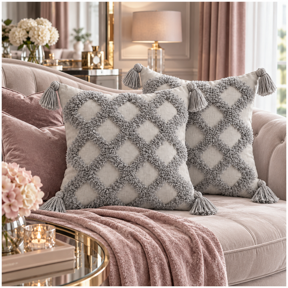 Beautiful Grey Geometric Tassel Cushion Covers – Set of 2 | 45 x 45 cm