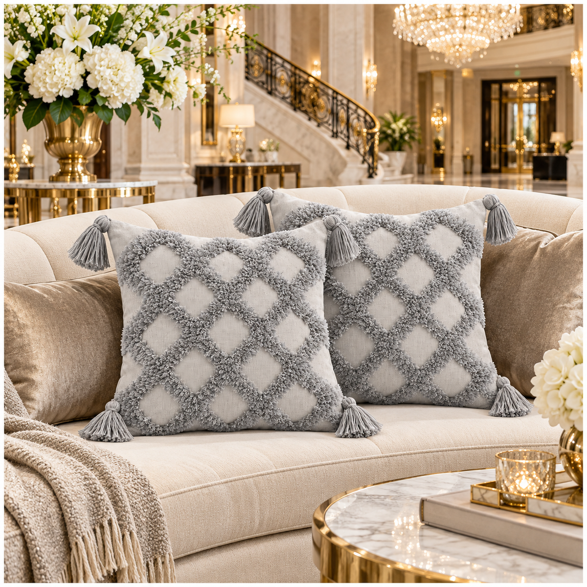 Beautiful Grey Geometric Tassel Cushion Covers – Set of 2 | 45 x 45 cm