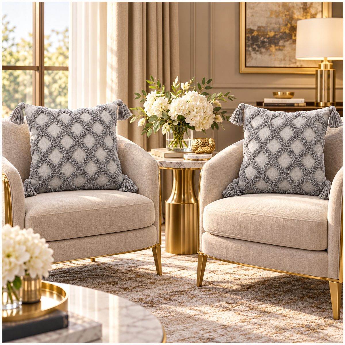 Beautiful Grey Geometric Tassel Cushion Covers – Set of 2 | 45 x 45 cm