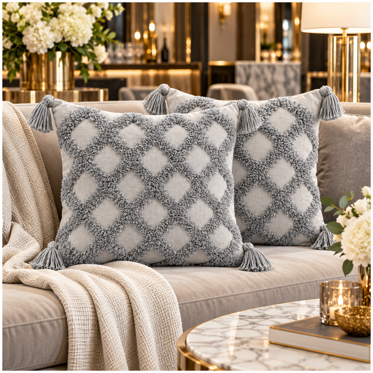Beautiful Grey Geometric Tassel Cushion Covers – Set of 2 | 45 x 45 cm