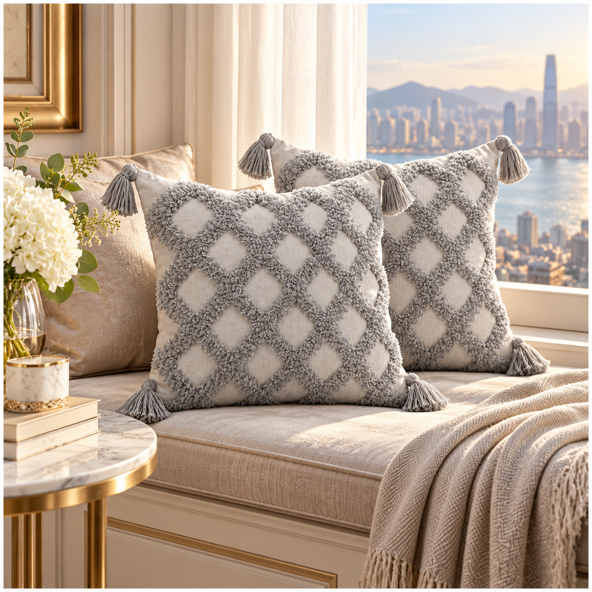 Beautiful Grey Geometric Tassel Cushion Covers – Set of 2 | 45 x 45 cm