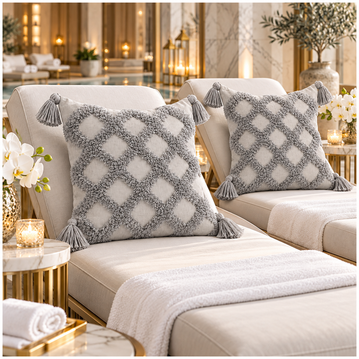 Beautiful Grey Geometric Tassel Cushion Covers – Set of 2 | 45 x 45 cm