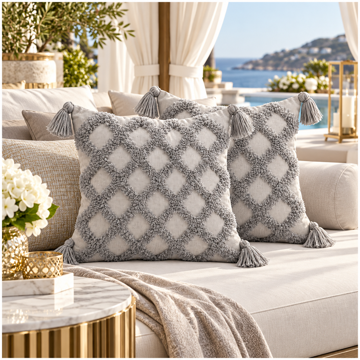 Beautiful Grey Geometric Tassel Cushion Covers – Set of 2 | 45 x 45 cm