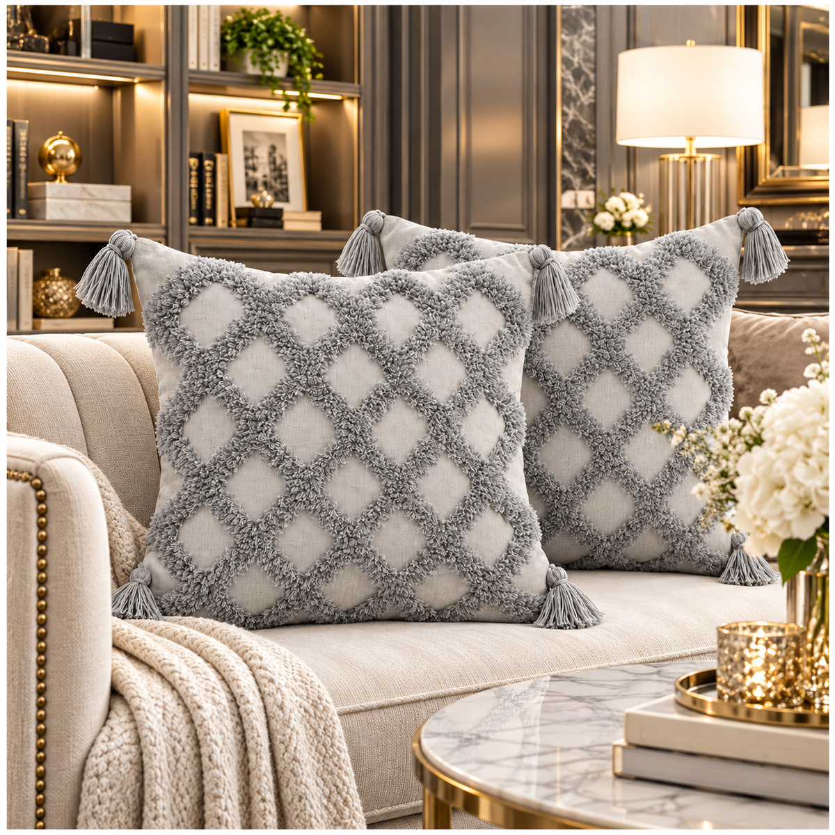 Beautiful Grey Geometric Tassel Cushion Covers – Set of 2 | 45 x 45 cm