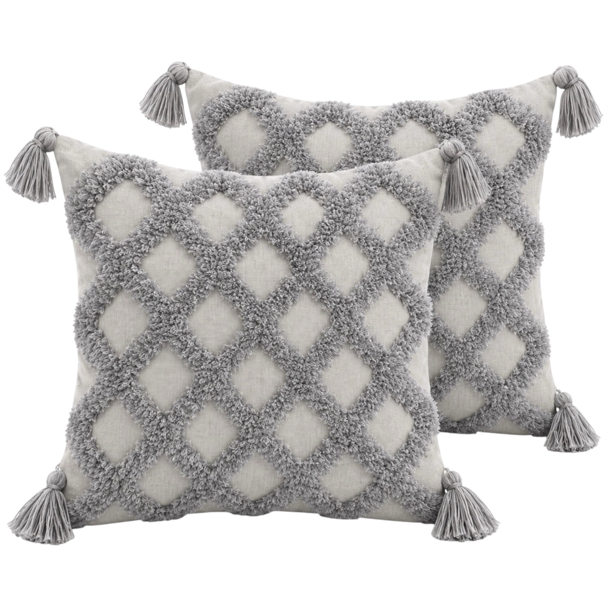 Beautiful Grey Geometric Tassel Cushion Covers – Set of 2 | 45 x 45 cm
