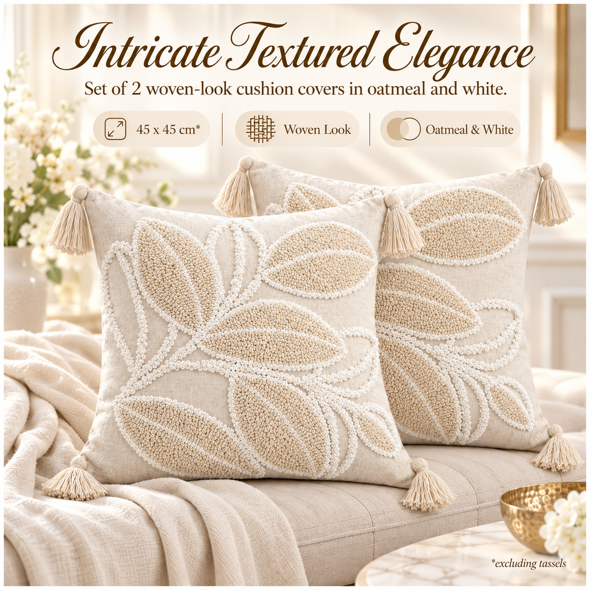 Elegant Set of 2 Cushion Covers-Leaf Design- 45 x 45 cm- Oatmeal and White