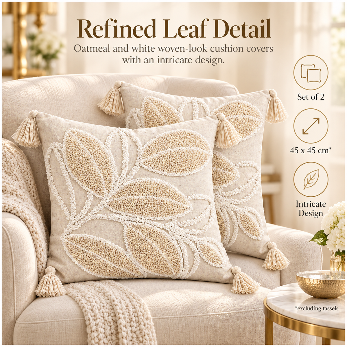 Elegant Set of 2 Cushion Covers-Leaf Design- 45 x 45 cm- Oatmeal and White