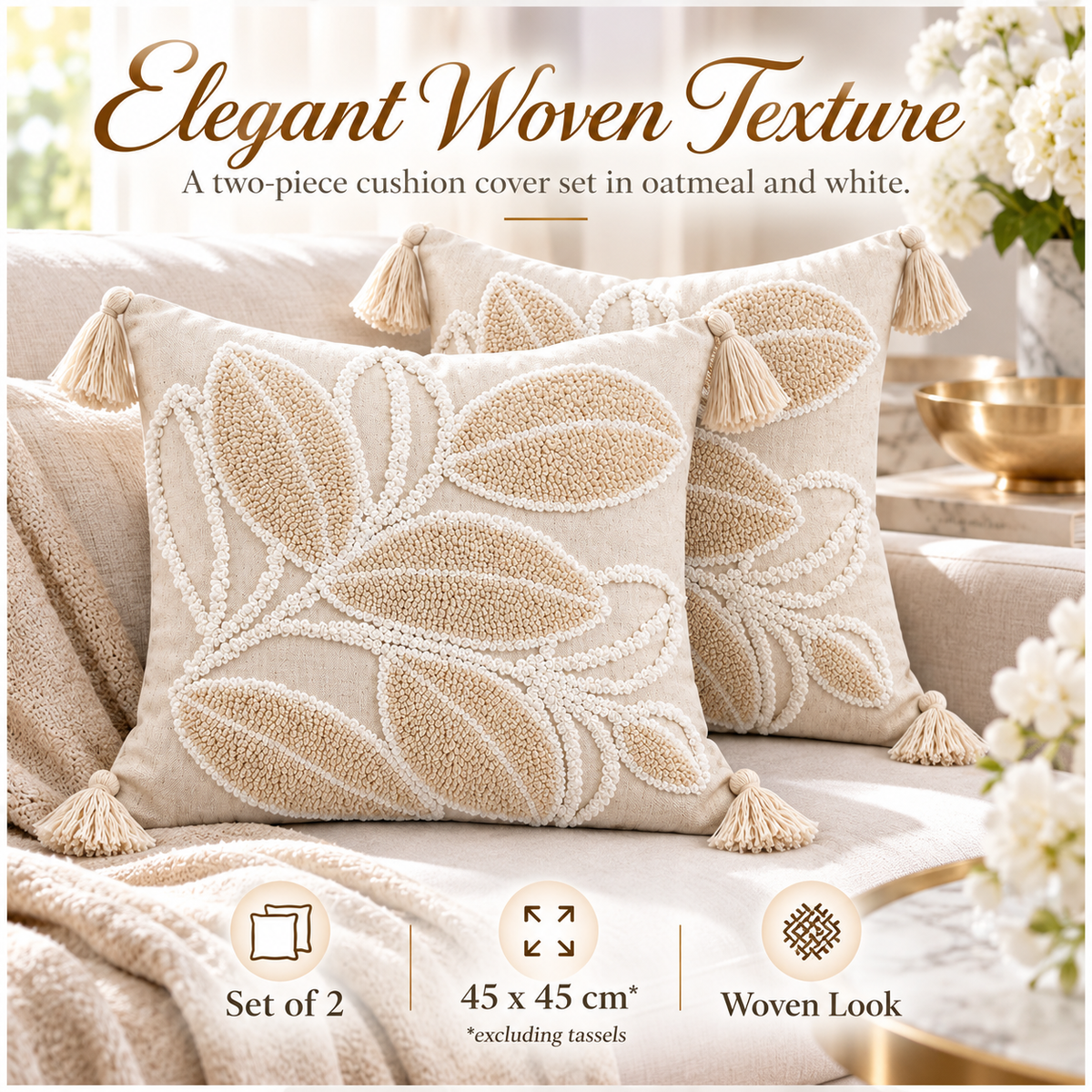 Elegant Set of 2 Cushion Covers-Leaf Design- 45 x 45 cm- Oatmeal and White