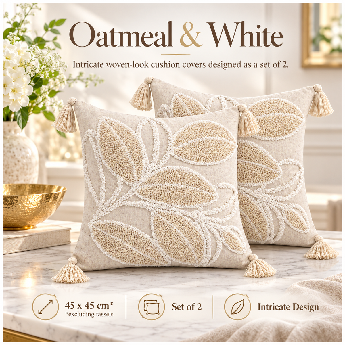 Elegant Set of 2 Cushion Covers-Leaf Design- 45 x 45 cm- Oatmeal and White
