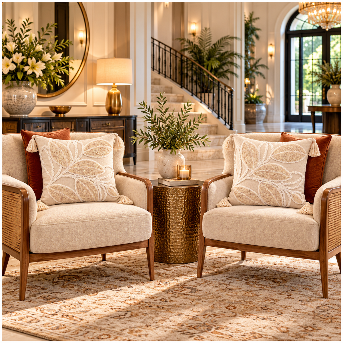 Elegant Set of 2 Cushion Covers-Leaf Design- 45 x 45 cm- Oatmeal and White
