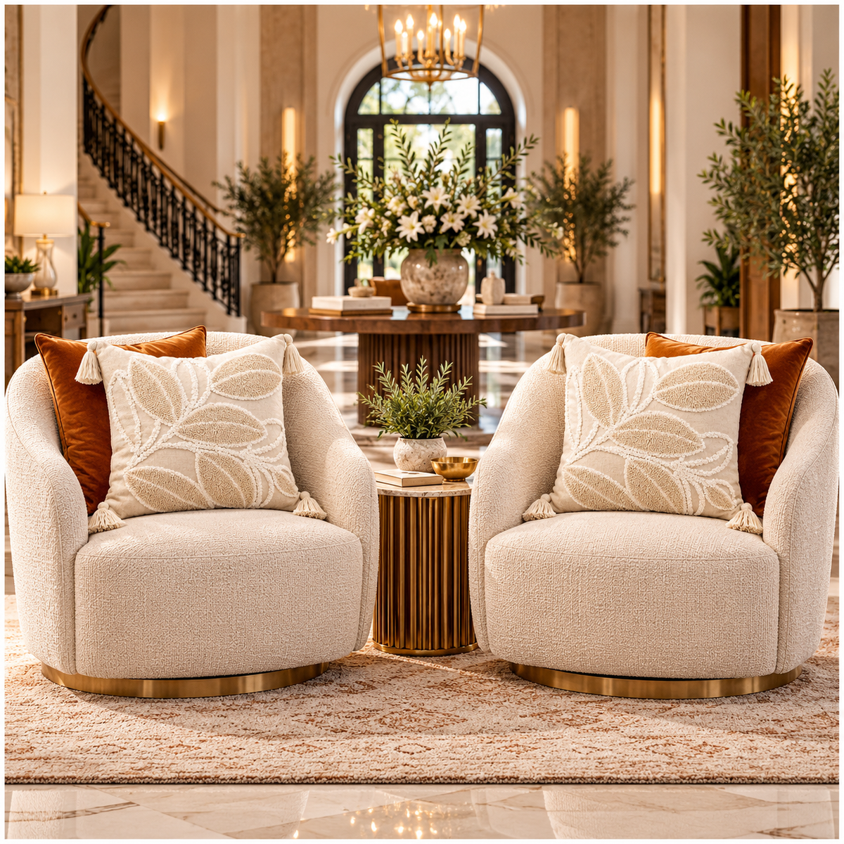 Elegant Set of 2 Cushion Covers-Leaf Design- 45 x 45 cm- Oatmeal and White