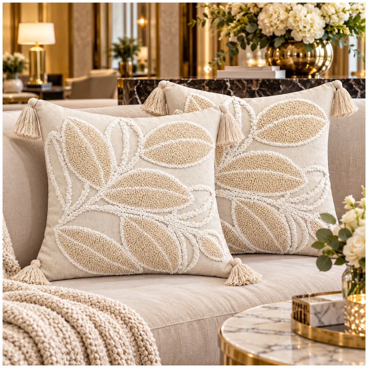 Elegant Set of 2 Cushion Covers-Leaf Design- 45 x 45 cm- Oatmeal and White