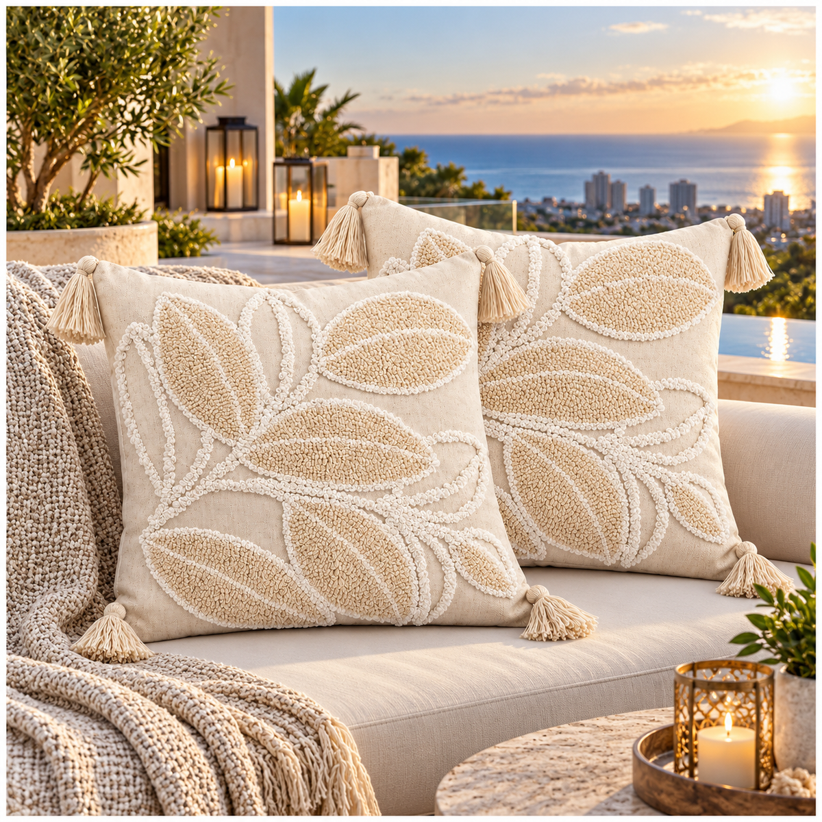 Elegant Set of 2 Cushion Covers-Leaf Design- 45 x 45 cm- Oatmeal and White