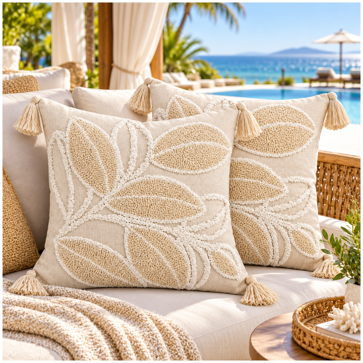 Elegant Set of 2 Cushion Covers-Leaf Design- 45 x 45 cm- Oatmeal and White
