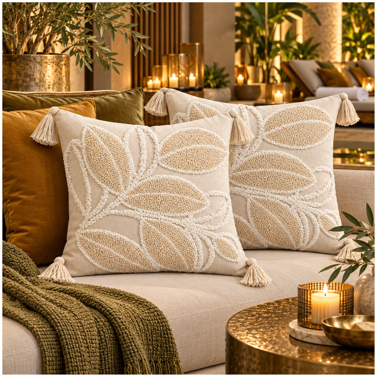 Elegant Set of 2 Cushion Covers-Leaf Design- 45 x 45 cm- Oatmeal and White