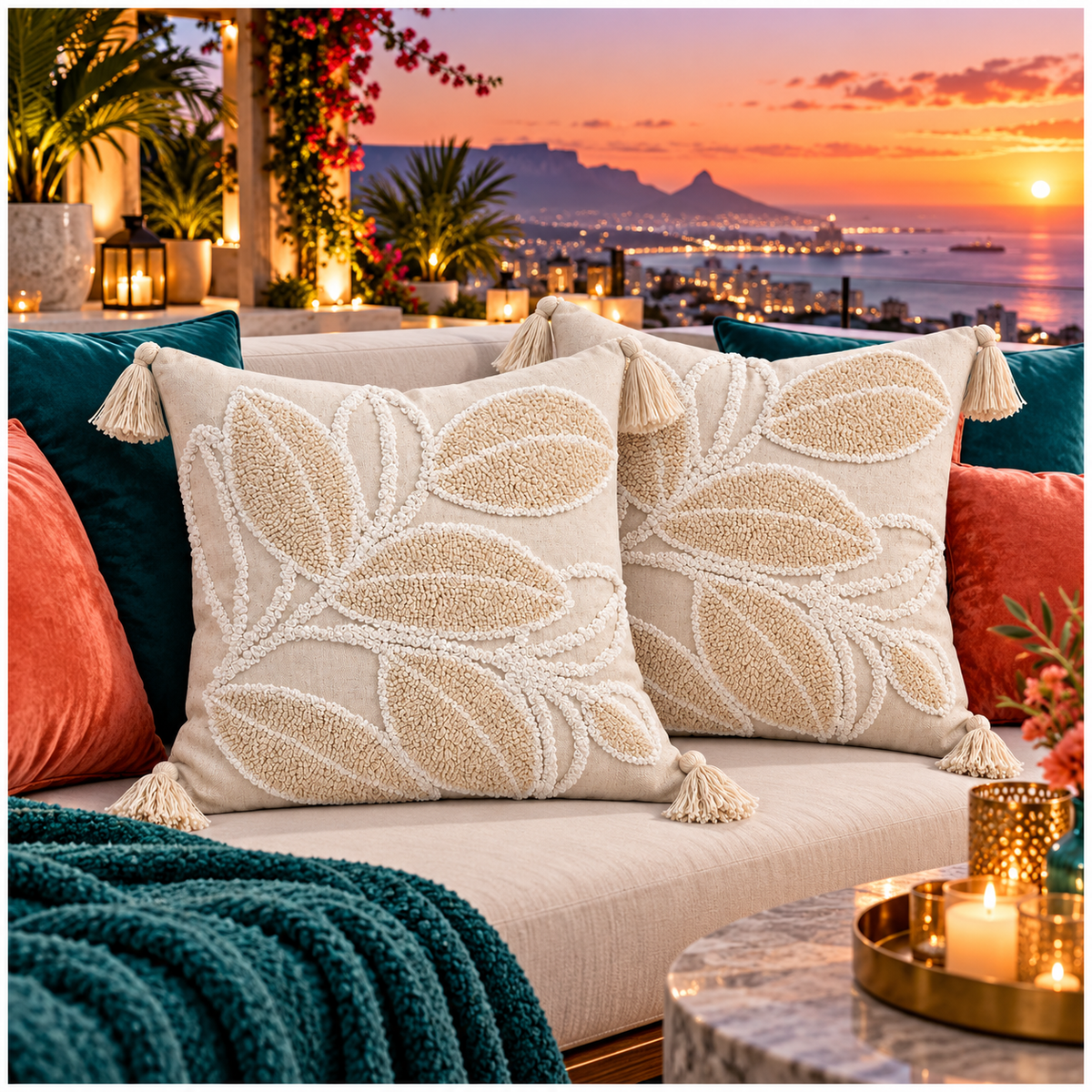 Elegant Set of 2 Cushion Covers-Leaf Design- 45 x 45 cm- Oatmeal and White