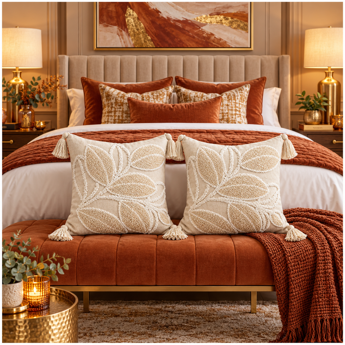 Elegant Set of 2 Cushion Covers-Leaf Design- 45 x 45 cm- Oatmeal and White