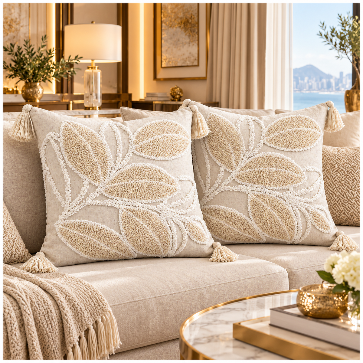Elegant Set of 2 Cushion Covers-Leaf Design- 45 x 45 cm- Oatmeal and White