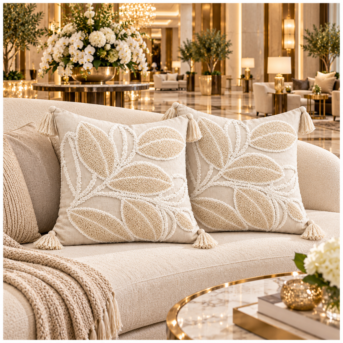 Elegant Set of 2 Cushion Covers-Leaf Design- 45 x 45 cm- Oatmeal and White