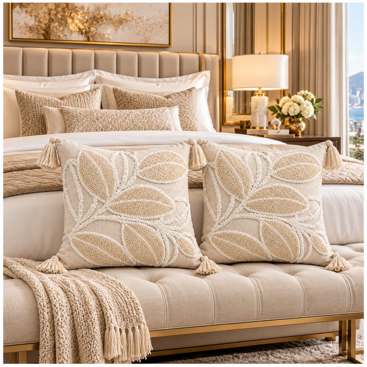Elegant Set of 2 Cushion Covers-Leaf Design- 45 x 45 cm- Oatmeal and White