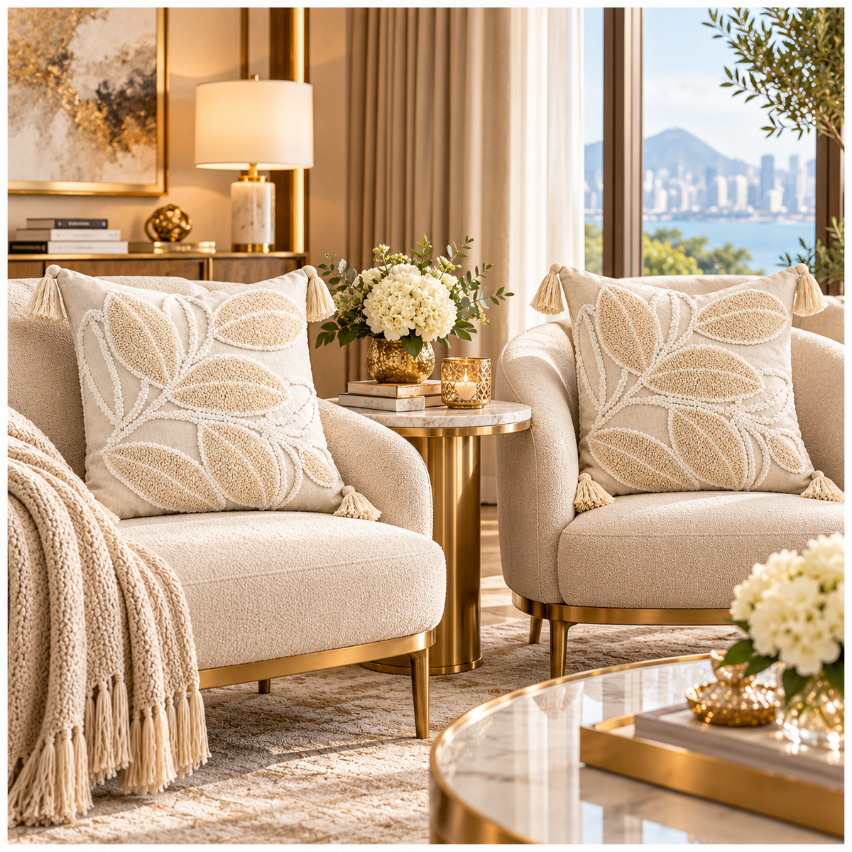 Elegant Set of 2 Cushion Covers-Leaf Design- 45 x 45 cm- Oatmeal and White