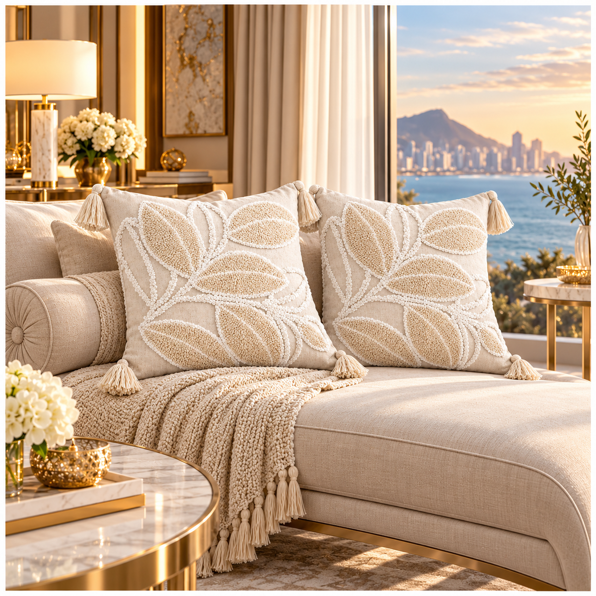 Elegant Set of 2 Cushion Covers-Leaf Design- 45 x 45 cm- Oatmeal and White