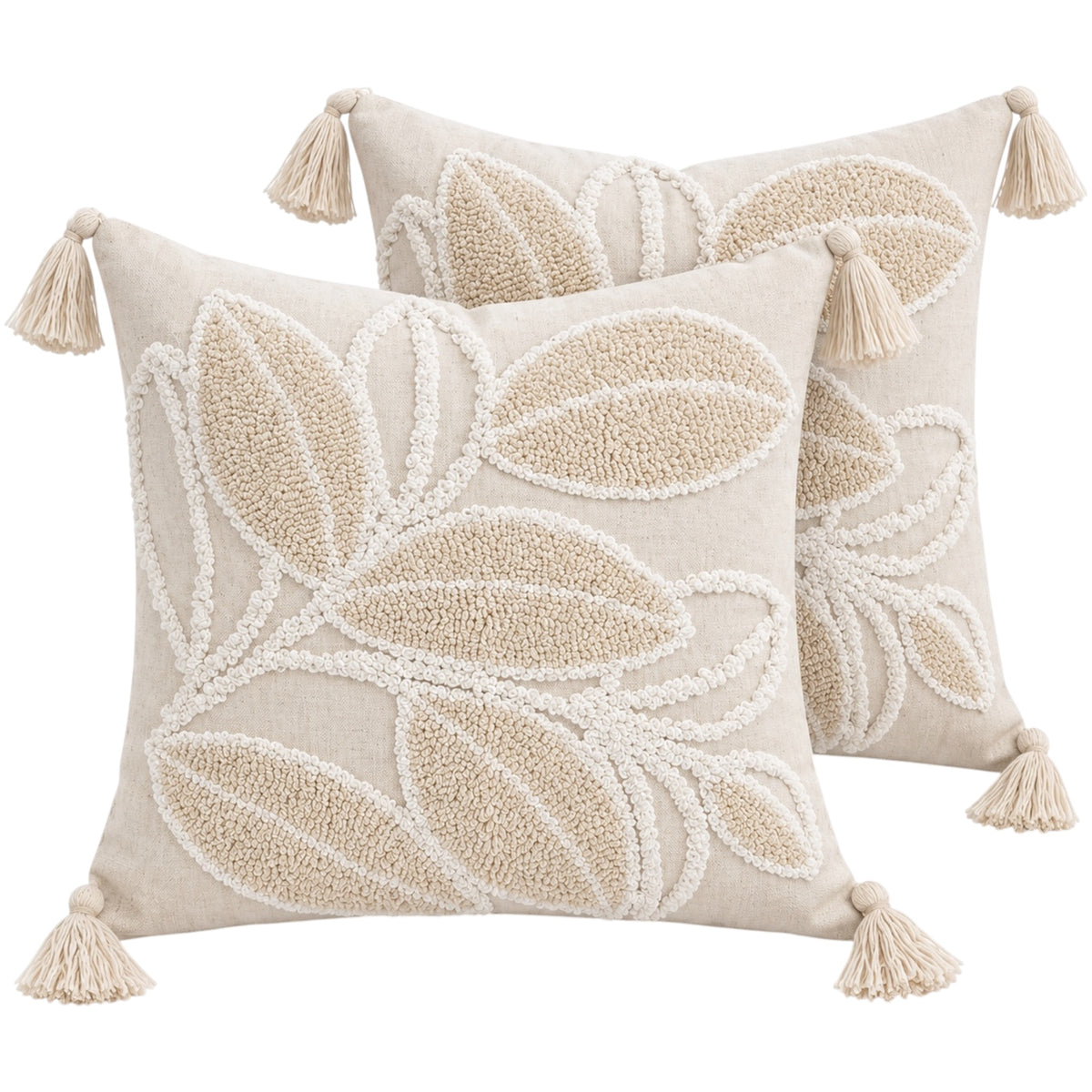 Elegant Set of 2 Cushion Covers-Leaf Design- 45 x 45 cm- Oatmeal and White