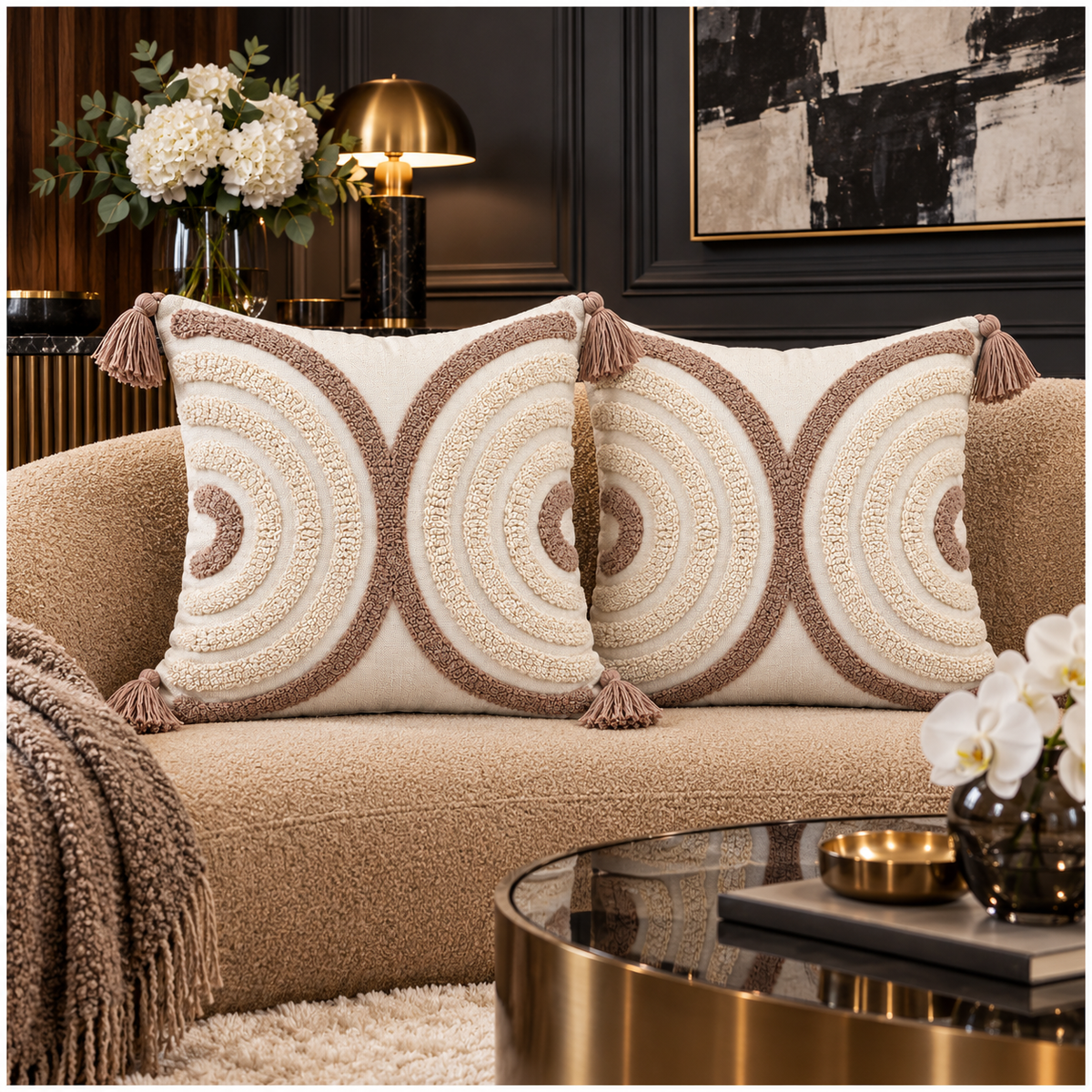 Elegant Set of 2 Tassel Cushion Covers – Oatmeal and Warm Taupe 45 x 45 cm