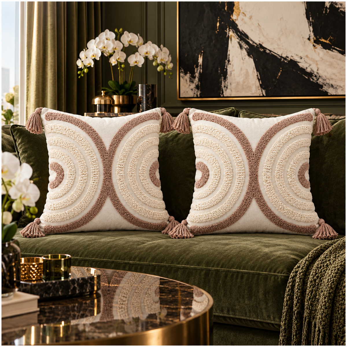 Elegant Set of 2 Tassel Cushion Covers – Oatmeal and Warm Taupe 45 x 45 cm