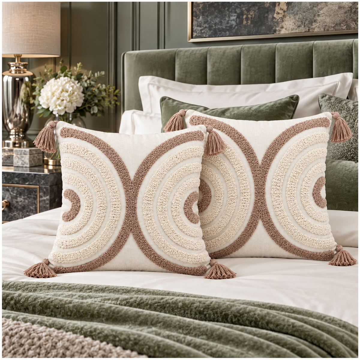 Elegant Set of 2 Tassel Cushion Covers – Oatmeal and Warm Taupe 45 x 45 cm