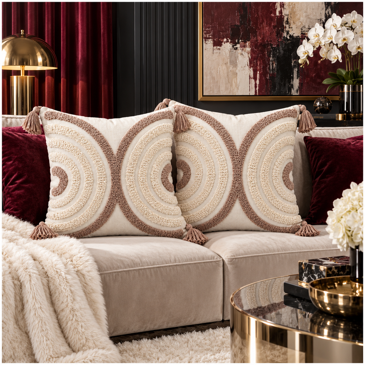 Elegant Set of 2 Tassel Cushion Covers – Oatmeal and Warm Taupe 45 x 45 cm