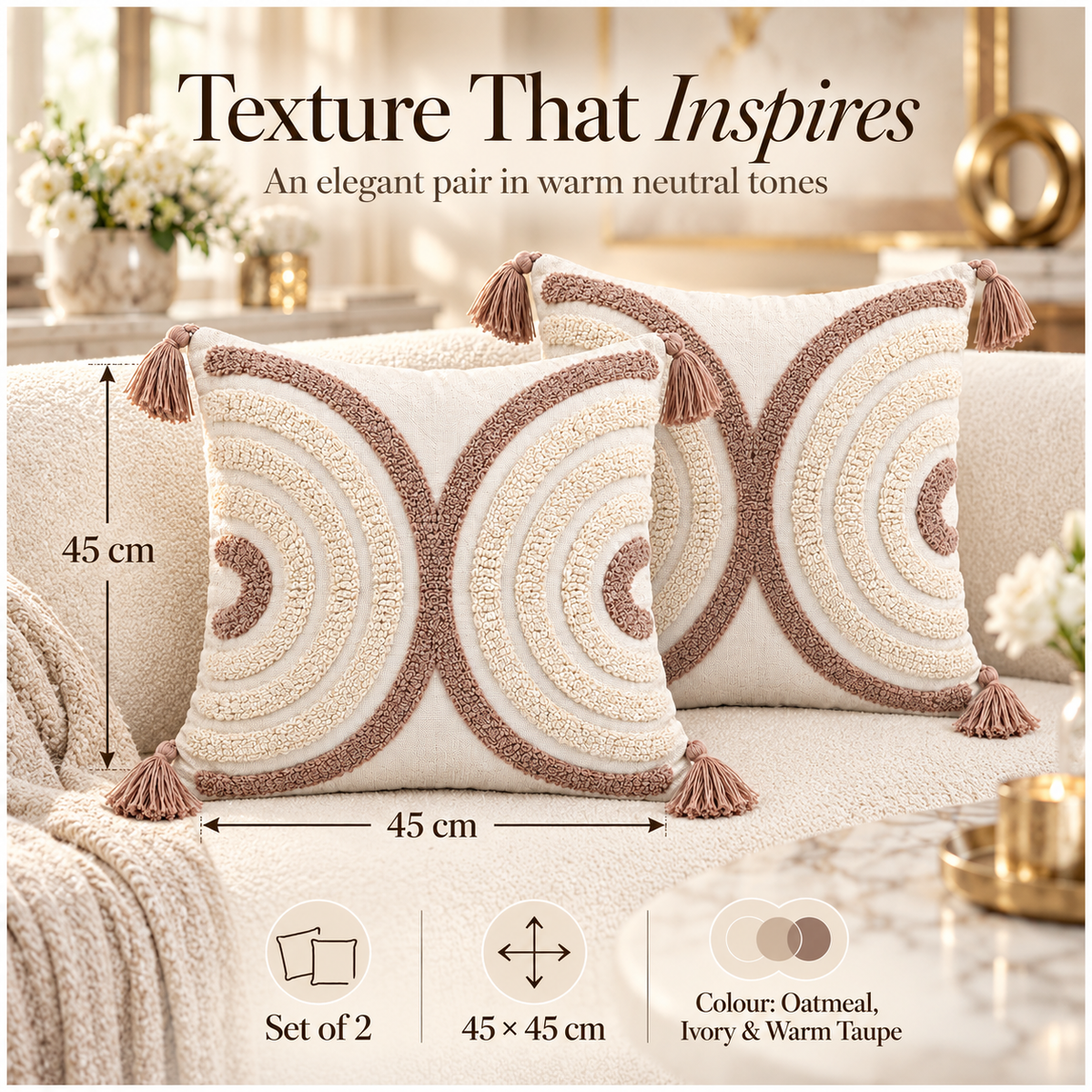 Elegant Set of 2 Tassel Cushion Covers – Oatmeal and Warm Taupe 45 x 45 cm