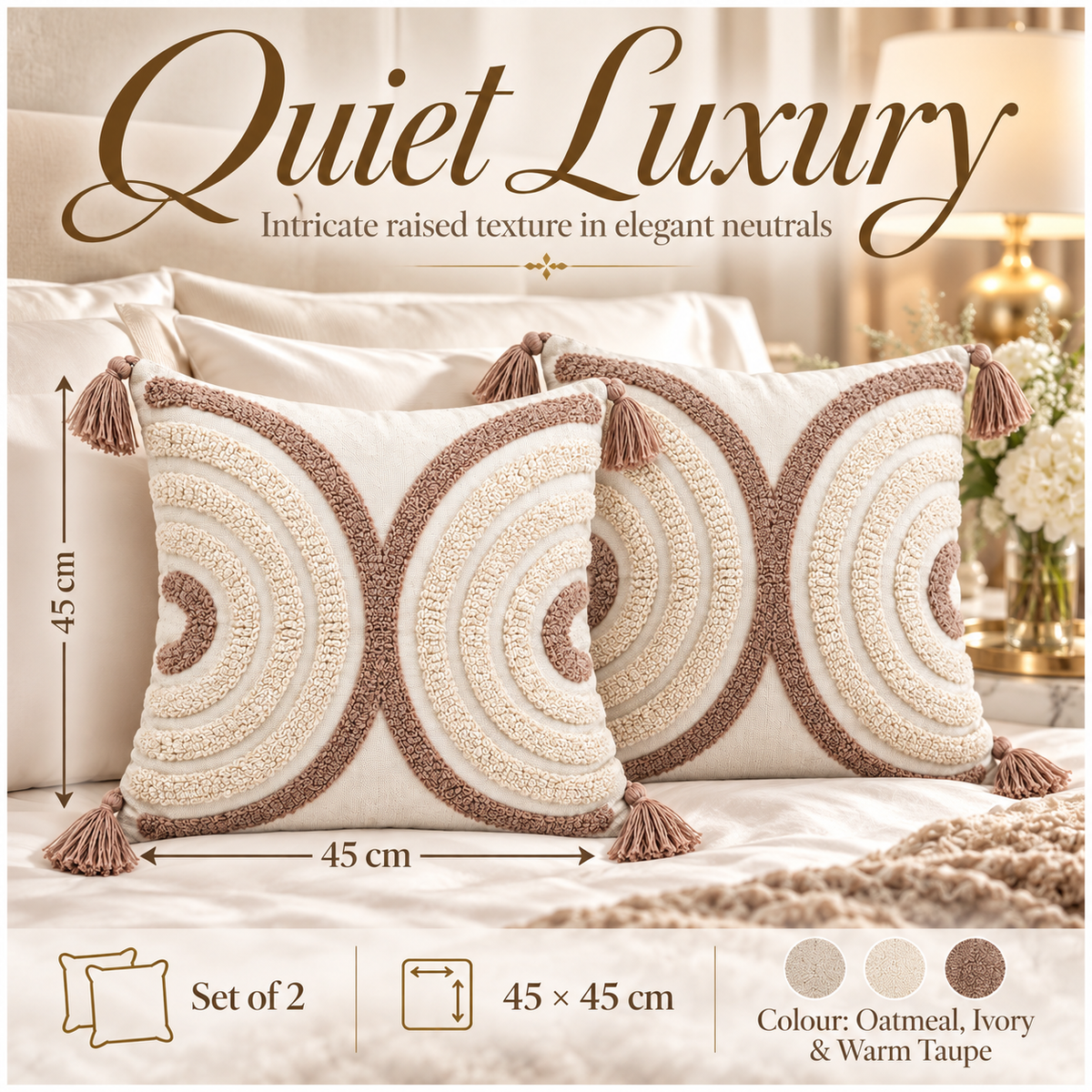 Elegant Set of 2 Tassel Cushion Covers – Oatmeal and Warm Taupe 45 x 45 cm