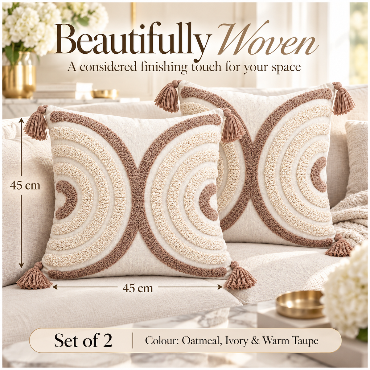 Elegant Set of 2 Tassel Cushion Covers – Oatmeal and Warm Taupe 45 x 45 cm