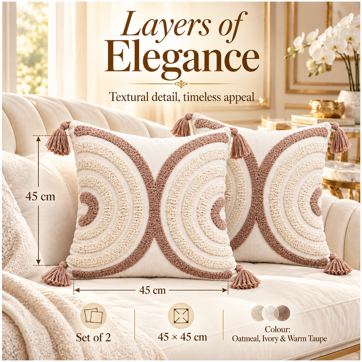 Elegant Set of 2 Tassel Cushion Covers – Oatmeal and Warm Taupe 45 x 45 cm