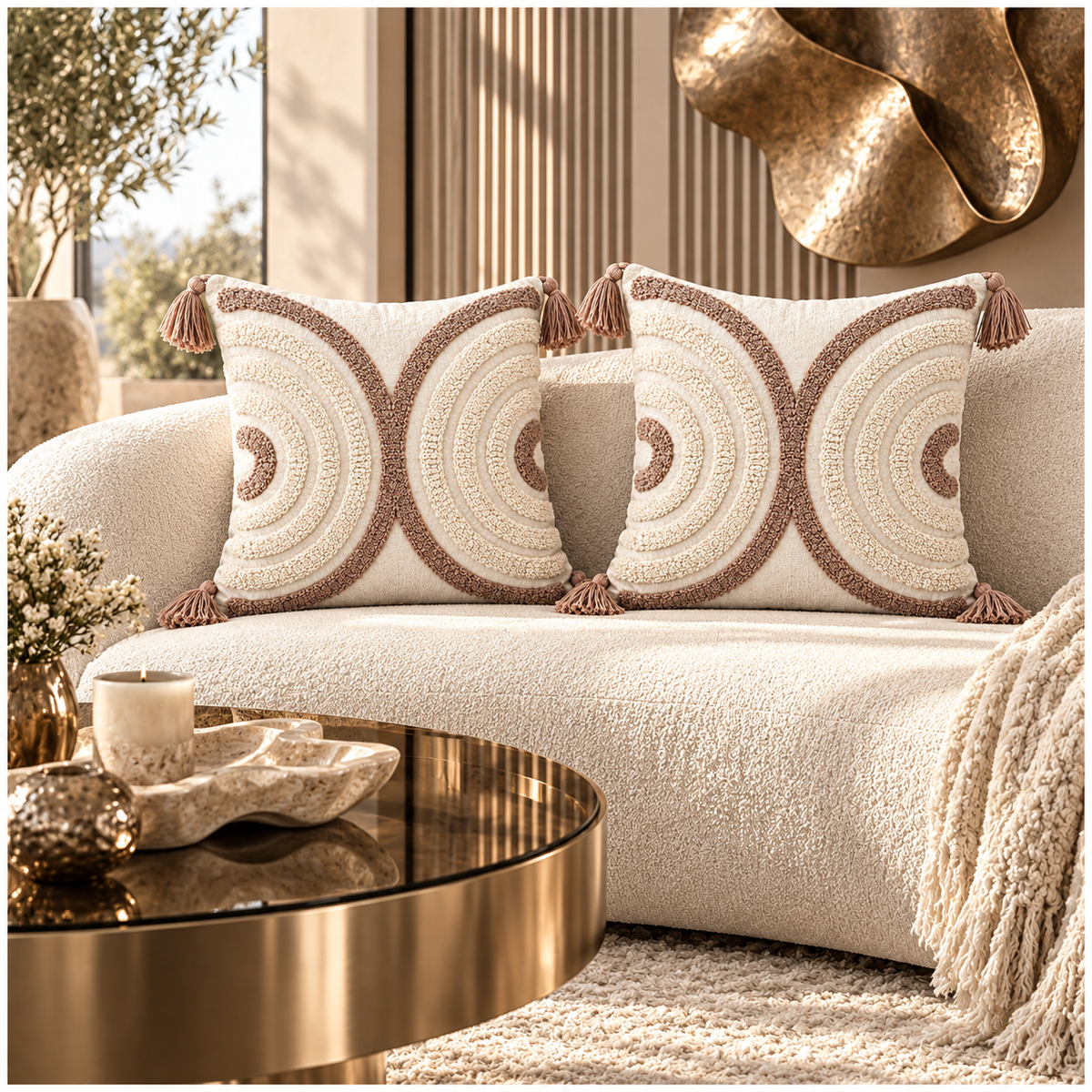 Elegant Set of 2 Tassel Cushion Covers – Oatmeal and Warm Taupe 45 x 45 cm