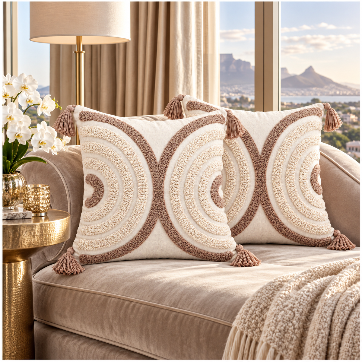 Elegant Set of 2 Tassel Cushion Covers – Oatmeal and Warm Taupe 45 x 45 cm