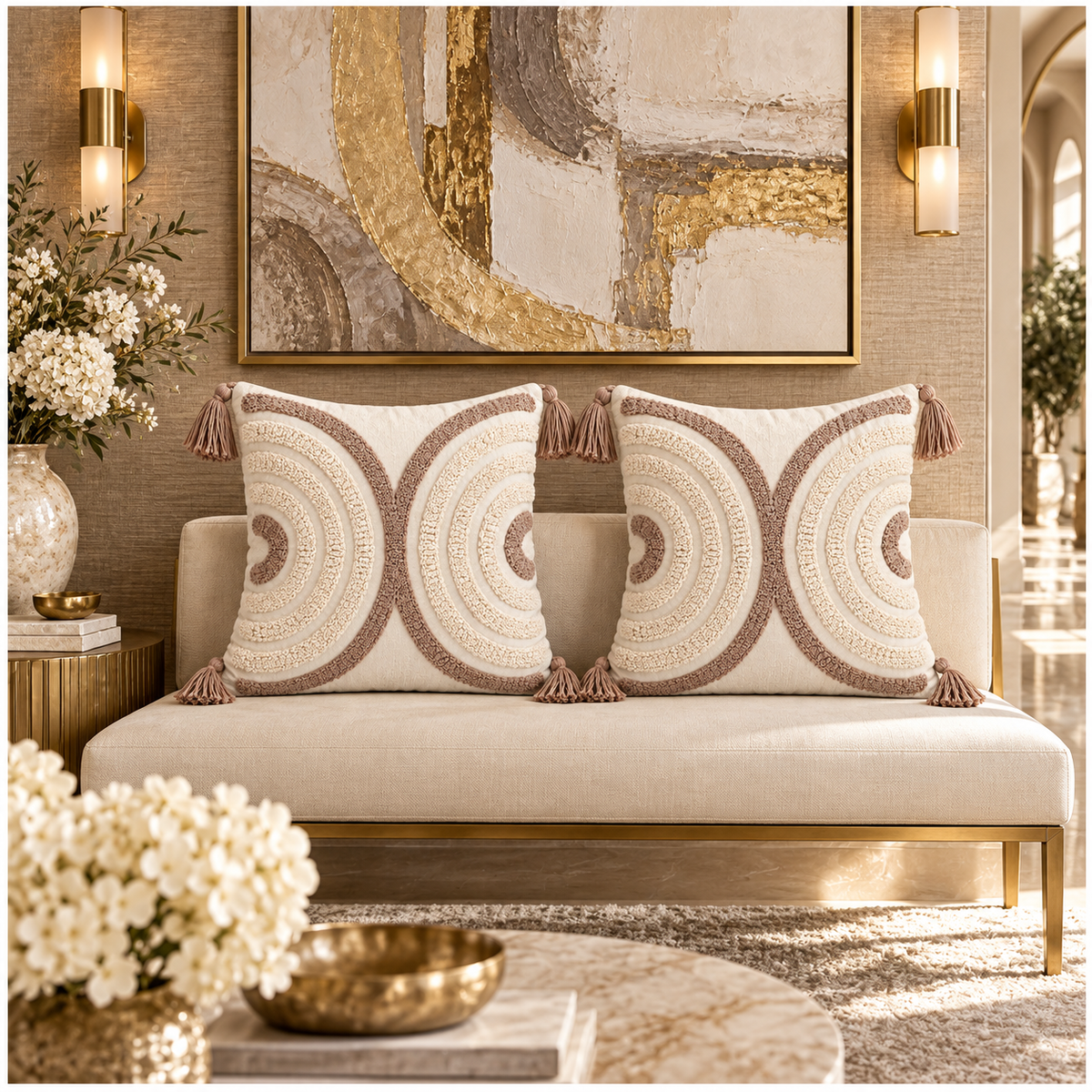 Elegant Set of 2 Tassel Cushion Covers – Oatmeal and Warm Taupe 45 x 45 cm