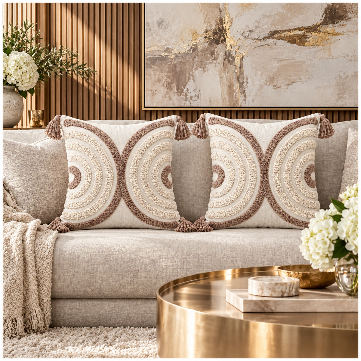 Elegant Set of 2 Tassel Cushion Covers – Oatmeal and Warm Taupe 45 x 45 cm