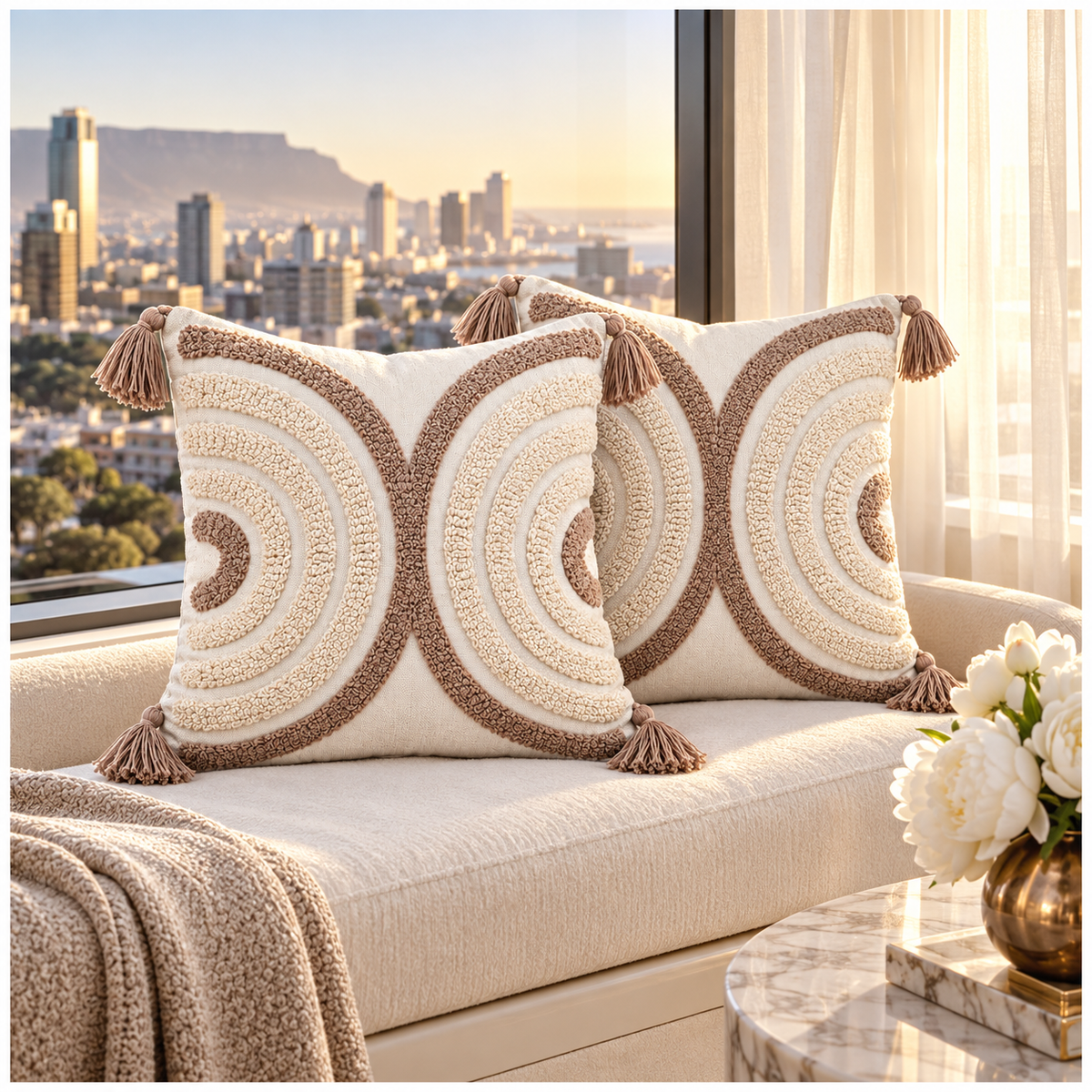Elegant Set of 2 Tassel Cushion Covers – Oatmeal and Warm Taupe 45 x 45 cm