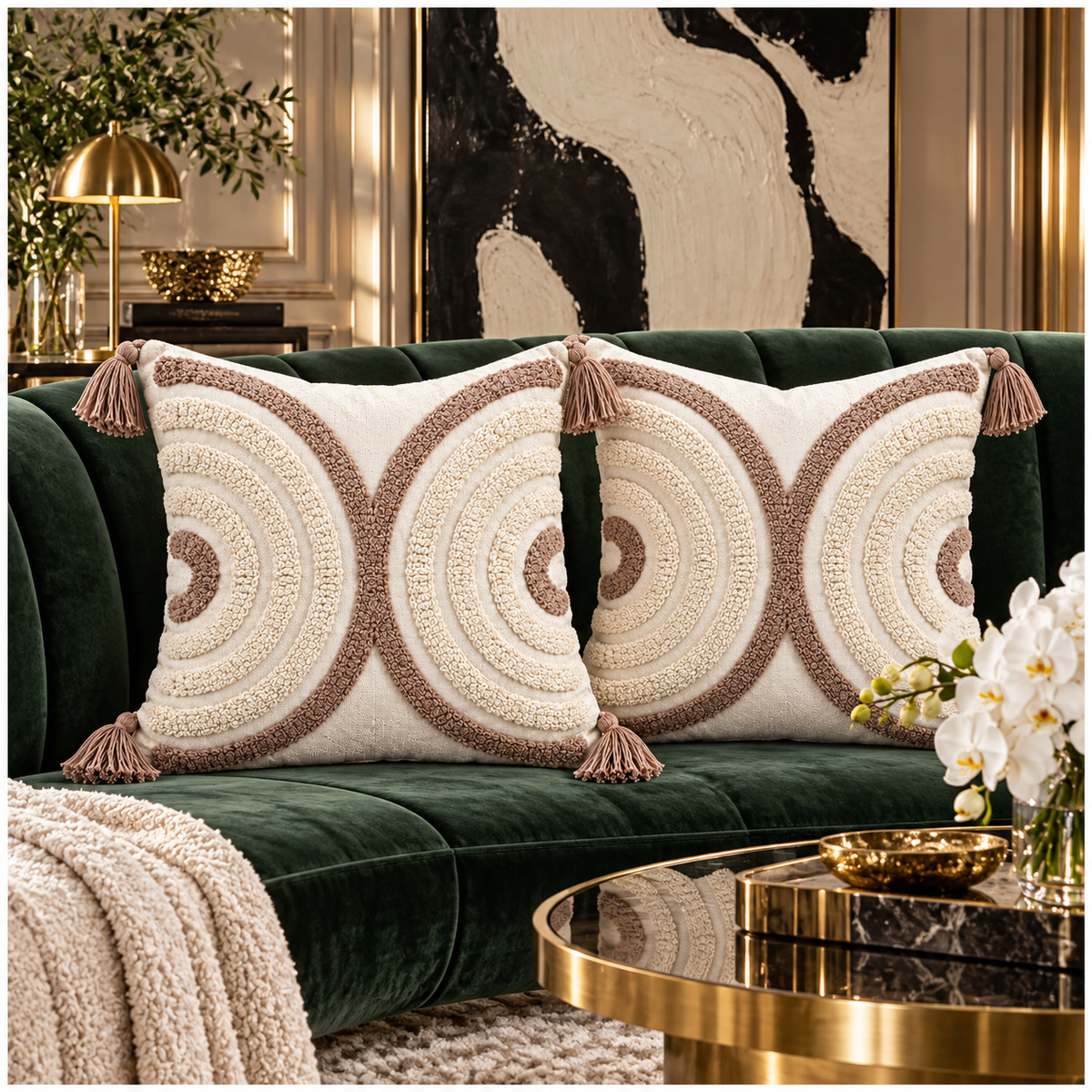 Elegant Set of 2 Tassel Cushion Covers – Oatmeal and Warm Taupe 45 x 45 cm