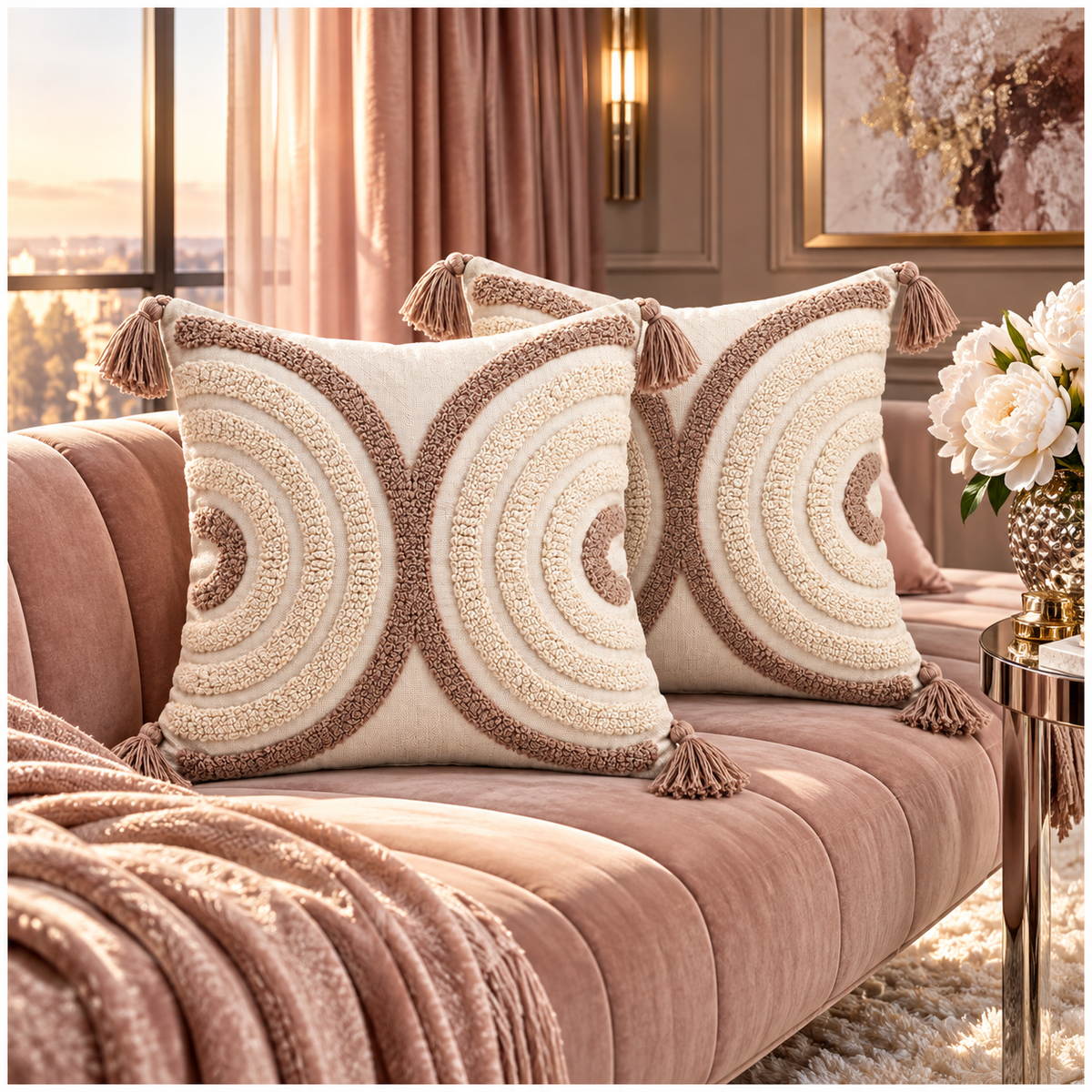 Elegant Set of 2 Tassel Cushion Covers – Oatmeal and Warm Taupe 45 x 45 cm