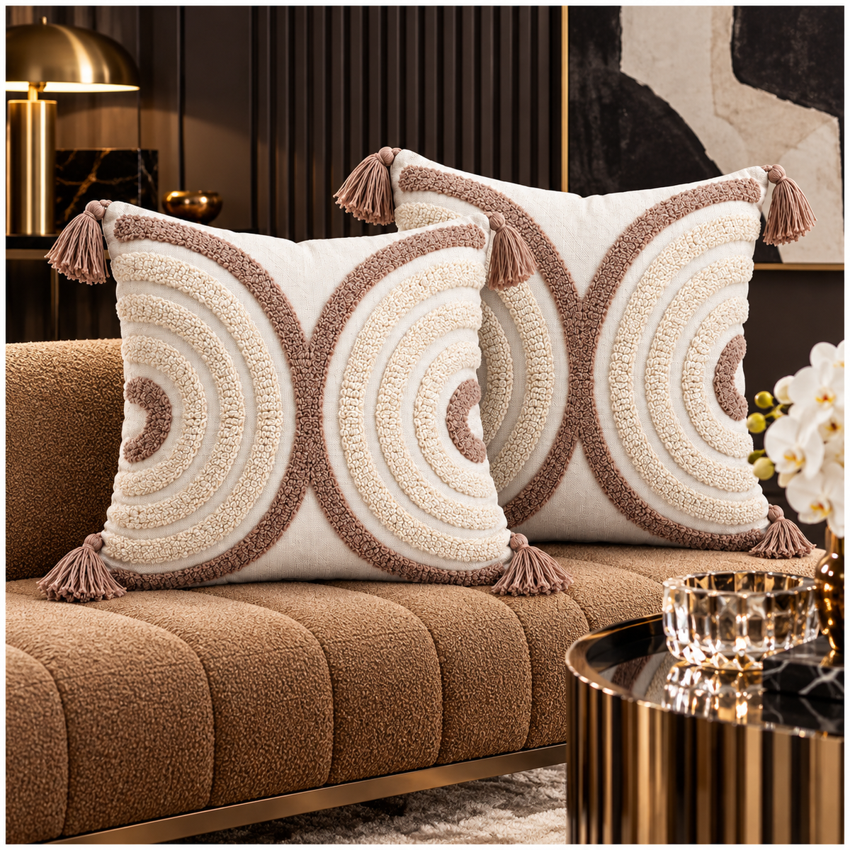 Elegant Set of 2 Tassel Cushion Covers – Oatmeal and Warm Taupe 45 x 45 cm