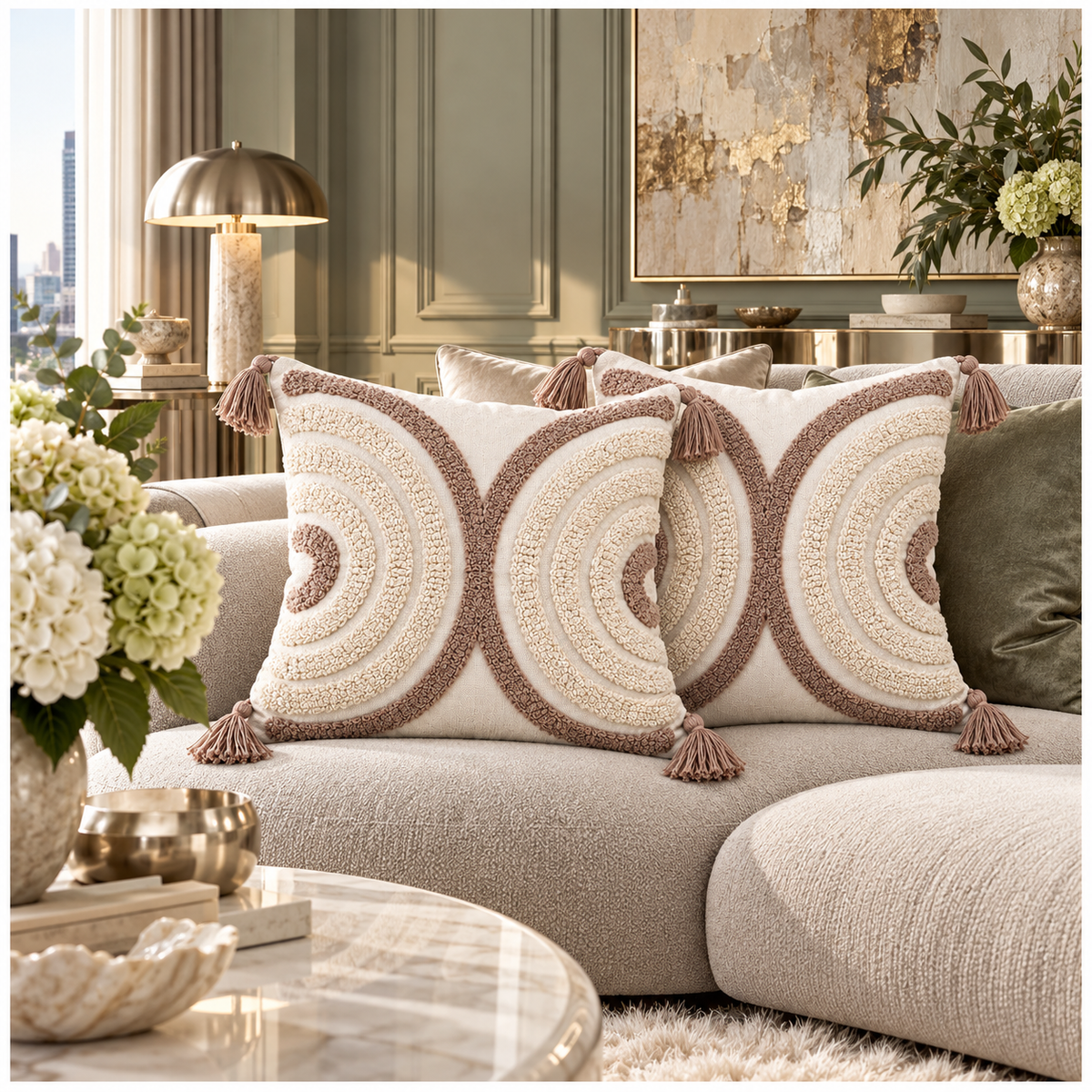 Elegant Set of 2 Tassel Cushion Covers – Oatmeal and Warm Taupe 45 x 45 cm