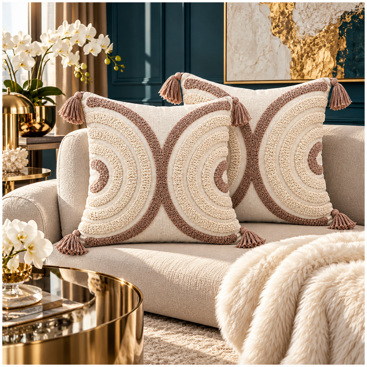 Elegant Set of 2 Tassel Cushion Covers – Oatmeal and Warm Taupe 45 x 45 cm